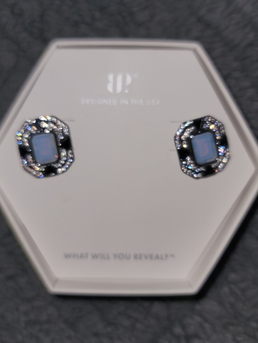 NWT-BP Latern in Voices-Lab Created Moonstone, Opal Blue Stud Earrings